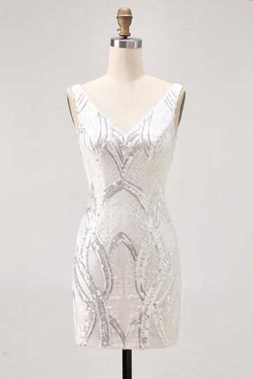 Robe courte moulante à paillettes blanche scintillante